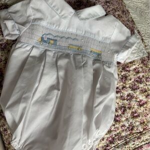 Carriage Boutique  3mos White Baby Romper with Blue Trim